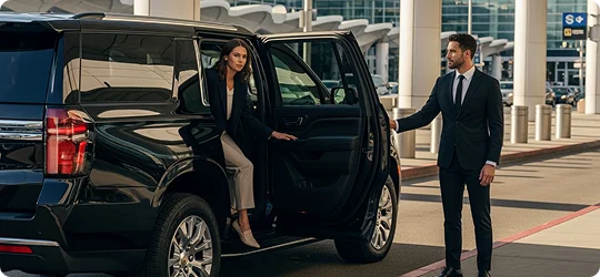 A professionally dressed man in a dark suit holds open the back door of a black luxury SUV for a professionally dressed woman who is exiting the vehicle, presumably at an airport or executive building entrance. Both appear to be dressed for business or executive travel.