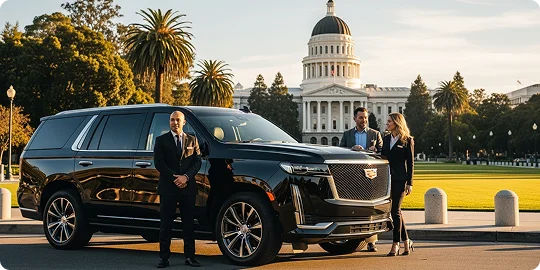 A chauffeur in a black suit stands formally beside a black Cadillac Escalade SUV. A professional couple is standing near the front of the car, with the California State Capitol building and palm trees visible in the background under a sunny sky.