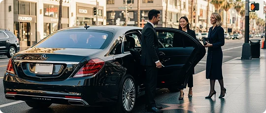 A uniformed chauffeur holds the rear door of a black luxury sedan open on a city street. Two women in business attire are standing outside the car, one smiling at the chauffeur as she prepares to exit or enter.