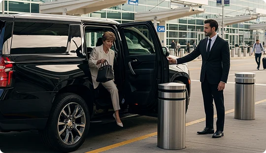 A chauffeur in a dark suit is holding open the rear door of a black Luxury SUV for a casually dressed woman in a gray sweater and dark pants. The setting appears to be an airport or executive terminal drop-off area.