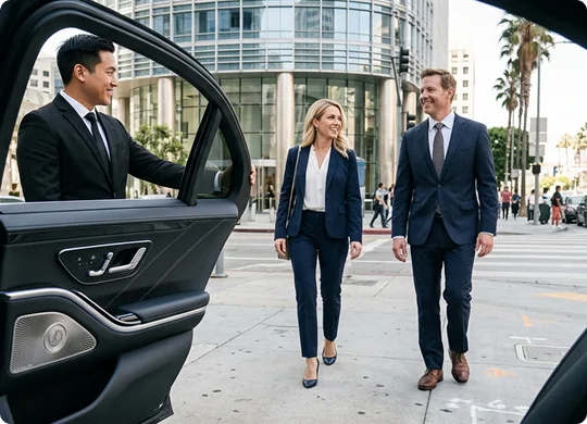 Business travelers arriving at their destination as a professional chauffeur holds the door of a luxury vehicle for their private transfer