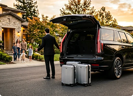 A chauffeur in a black suit welcomes a family walking out of their suburban home toward an open black luxury SUV. Three silver rolling suitcases are lined up on the asphalt street directly behind the vehicle's trunk.