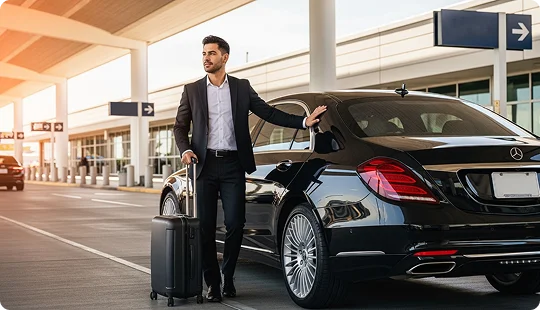 A businessman in a dark suit stands next to a black luxury sedan with his rolling suitcase, looking off to the side as he arrives at or departs from an airport terminal curb on a sunny day.