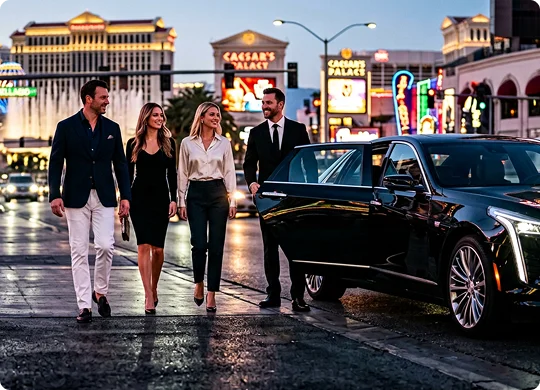A group of elegantly dressed people walking down a illuminated city street at night. A driver holds open the rear door of a black luxury car parked along the boulevard for them.