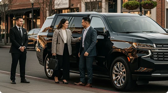 A black SUV (appears to be a Chevrolet Tahoe or Suburban) is parked curb-side in a commercial area. A chauffeur in a black suit stands to the left, while a smiling business couple stands next to the passenger door, looking at each other. The woman wears a light blazer and holds a handbag; the man is wearing a suit jacket. The background features storefronts and hanging flower baskets.