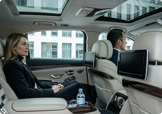 A female business professional comfortably seated in the back of a luxury car interior, one with visible amenities like chilled bottled water, screens, plush leather seats, and temperature controls while chauffeur is driving.