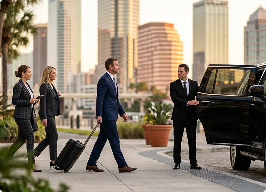 A businessman pulling a black rolling suitcase walks alongside two businesswomen on a city sidewalk toward an open car door. A chauffeur in a black suit stands ready beside a luxury black vehicle, with a prominent city skyline towering in the background.