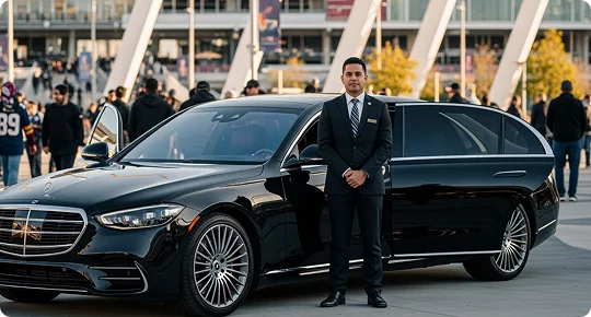 Chauffeur in a dark suit standing in front of a black luxury sedan with an extended passenger area, with a stadium and crowd in the background.