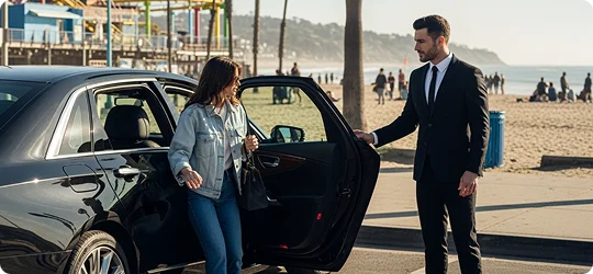 A woman in a light wash denim jacket and jeans is stepping out of a black luxury sedan on a sunny day. A chauffeur in a black suit is holding the car door open for her. The scene is set near a beach with people relaxing in the background, suggesting a coastal or vacation destination.