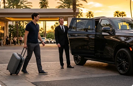 A smiling chauffeur in a black suit holds open the rear passenger door of a black luxury SUV. A young man wearing a polo shirt rolls a gray suitcase across the driveway toward the vehicle during sunset.