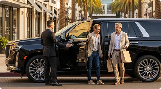 A chauffeur in a black suit holds the door open for two passengers exiting a black Cadillac Escalade SUV on a sunny, upscale city street lined with palm trees. The passengers are smiling, dressed in smart casual wear, and holding shopping bags.