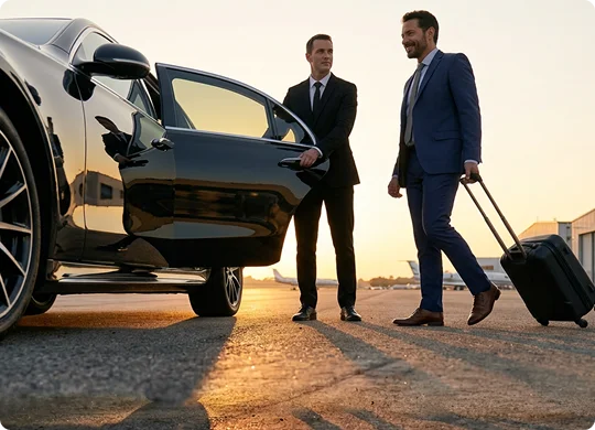 A chauffeur in a black suit opens the door of a luxury sedan for a businessman pulling a rolling suitcase. The two men stand on an airport tarmac at sunset with private jets visible in the background.