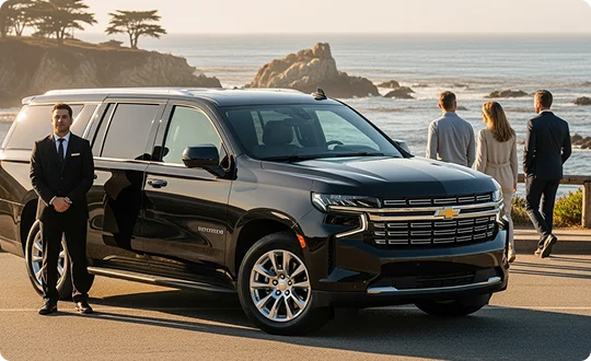 A chauffeur in a black suit and tie stands next to a large black Chevrolet Suburban SUV, facing the camera. In the background, a couple and a second man in suits walk away toward a scenic lookout over the ocean and rocky cliffs during sunset.