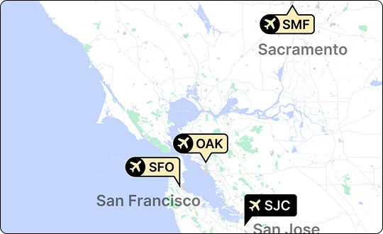 Geo-location of SMF, OAK, SFO, and SJC airports shown with their names visible in pins.