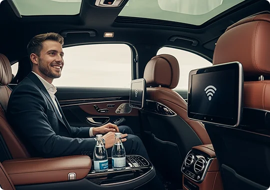 A smiling young businessman in a suit is seated in the back of a luxury car with brown leather interior and a sunroof. Two bottles of water are on the center console, and a digital screen showing a Wi-Fi symbol is mounted on the back of the front seat.