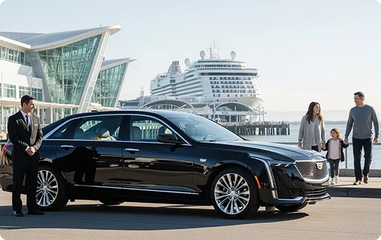 A chauffeur in a black suit stands next to a black Cadillac sedan at a modern waterfront cruise terminal. A family of three—a man, woman, and young girl holding hands—walks toward the car from the right. A large white cruise ship and futuristic terminal buildings are in the background.