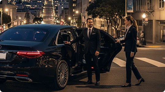 Two chauffeurs, a man and a woman, stand smiling next to a black luxury sedan on a city street at night. The male chauffeur is holding the rear passenger door open.