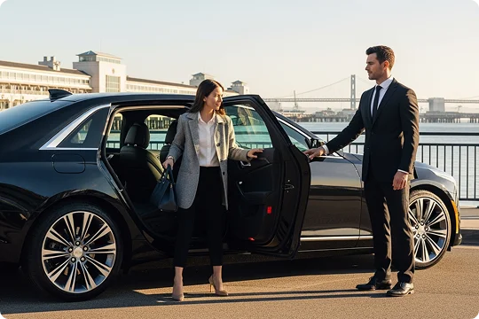 A well-dressed woman in a gray blazer and black pants is stepping out of a luxurious, black sedan. A man in a dark suit, who appears to be a driver or chauffeur, is holding the car door open for her. They are standing near a waterfront with a bridge visible in the background under a clear sky, suggesting an urban setting during the day.