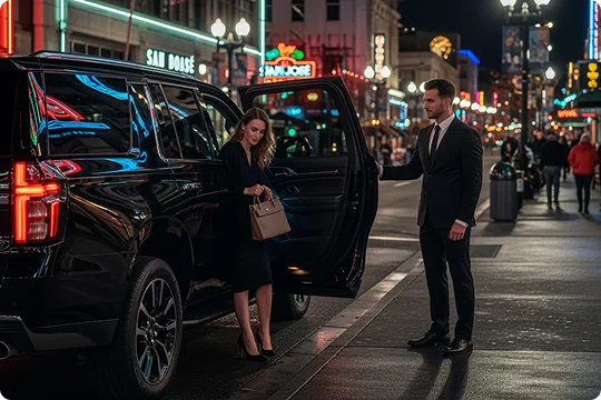 Chauffeur in a suit assisting a woman in a black dress as she exits a black SUV on a neon-lit city street at night.