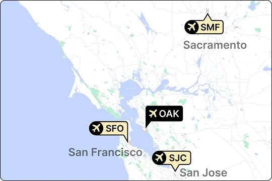 A map of the San Francisco Bay Area and surrounding region, highlighting the locations of four major airports: SFO (San Francisco International Airport) near San Francisco, OAK (Oakland International Airport) near Oakland, SJC (Norman Y. Mineta San Jose International Airport) near San Jose, and SMF (Sacramento International Airport) near Sacramento. The map shows the San Francisco Bay, nearby cities, and main roads.