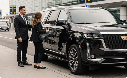 A chauffeur in a dark suit assists a female passenger, dressed in black business attire, as she prepares to enter a black Cadillac Escalade SUV parked at an airport curb. The chauffeur has his hand on her shoulder and is smiling. The background is a slightly blurred view of the airport terminal drop-off area.