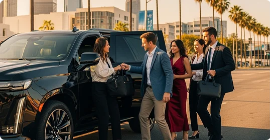 A chauffeur in a suit helps a male passenger with 3 female passengers with their luggage as they get into a black SUV.
