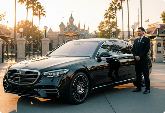 A chauffeur stands next to a black Mercedes-Benz sedan in front of the Sleeping Beauty Castle at Disneyland.