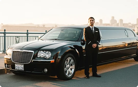 A formally dressed chauffeur stands next to a black stretch limousine (Chrysler 300) parked by a railing, with a sunny city skyline in the background.