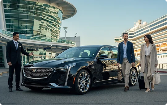 A professional chauffeur stands beside a parked black luxury sedan, greeting a smiling couple who are walking toward the vehicle with luggage in front of a cruise terminal and a large ship.