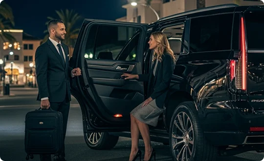A chauffeur in a suit stands next to a black Cadillac Escalade luxury SUV, holding luggage, as he assists a female passenger stepping out of the rear seat at night in an upscale urban setting, demonstrating a high-end chauffeured service.