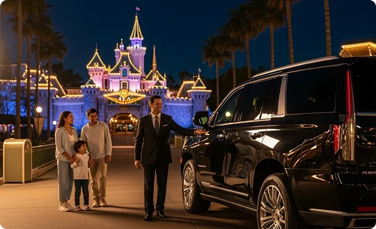 A chauffeur in a black suit gestures toward a dark luxury SUV, likely a Cadillac Escalade, while a family of three stands nearby. The scene is set at night in front of an illuminated fairytale castle at a theme park, showcasing a premium evening transfer service from a major attraction.