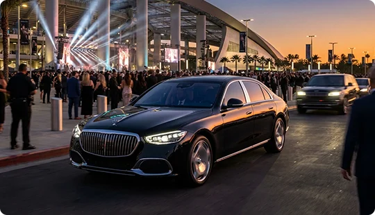 A black Mercedes-Maybach driving past a crowded event space with bright lights and a stadium at dusk.