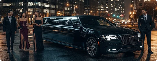 Three elegantly dressed people stand near a black stretch limousine and a chauffeur at night in a city setting.