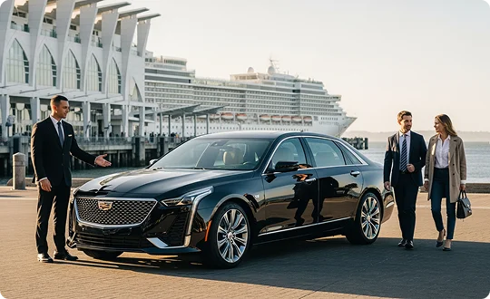 A chauffeur in a dark suit stands beside a black luxury sedan (appears to be a Cadillac) parked at a waterfront pier. The chauffeur gestures toward the car, greeting a business couple who are walking toward the vehicle. A large cruise ship and a modern dockside building are visible in the sunny background.