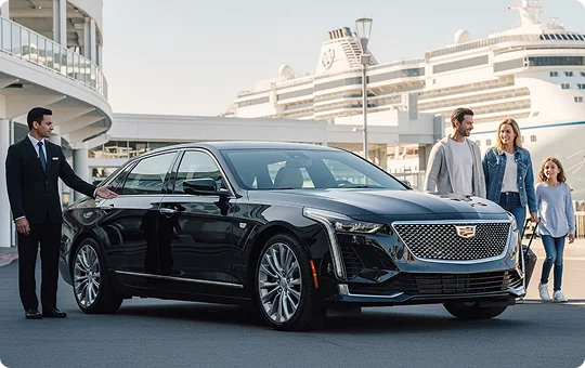 A chauffeur in a black suit stands next to a luxury black Cadillac sedan at a cruise ship terminal, gesturing toward the back seat. A family of three—a man, a woman, and a young girl pulling a suitcase—stands to the right of the car, smiling in front of a large white cruise ship.