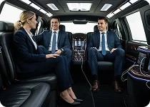 An interior view of a limousine showing three business professionals in suits and business attire seated in the back, talking and working.