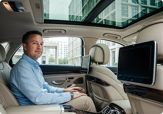 Passenger comfortably seated in the back of a luxury car interior, enjoying amenities like free WiFi, chilled bottled water, temperature control, plush leather seats, mobile charging ports, and ambient lighting.