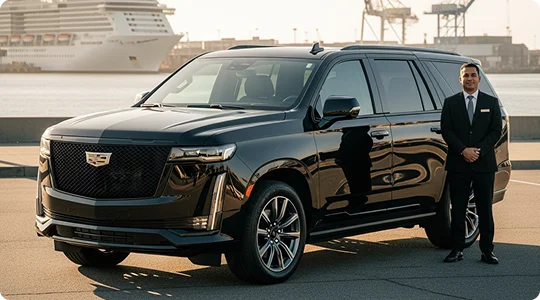 A chauffeur in a dark suit stands formally beside a black Cadillac Escalade SUV parked on a paved dock or pier. The chauffeur is looking at the camera and smiling slightly. In the sunny background, a large cruise ship is visible on the water, next to industrial cranes and port structures.