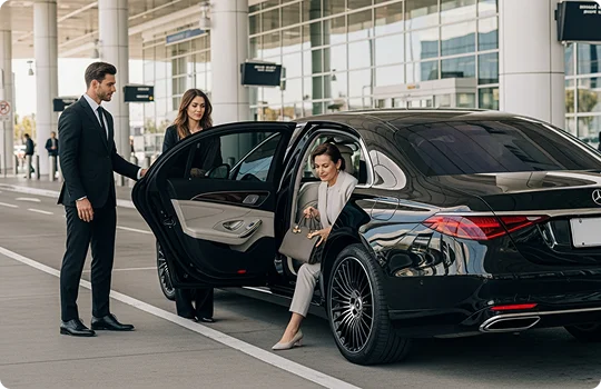 A chauffeur in a dark suit is holding open the rear door of a black luxury sedan for a professionally dressed woman in a light-colored suit as she exits the car. Another professional lady stands by the opened door to accompany the lady at the airport terminal drop-off that is visible in the background.