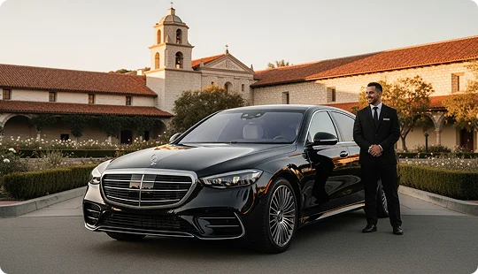 A chauffeur in a suit stands smiling beside a black Mercedes S-Class sedan. The background features a historic mission-style building with a bell tower under a clear sky.