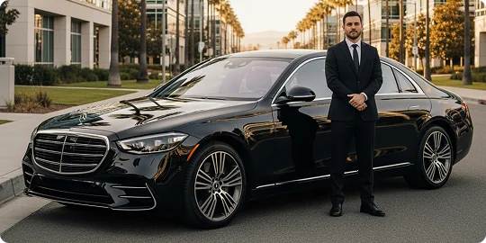 A chauffeur in a dark suit and tie stands formally beside the front fender of a black Mercedes-Benz S-Class sedan. He is looking directly at the camera. The car is parked on a suburban street lined with tall palm trees and modern office or residential buildings in the background.