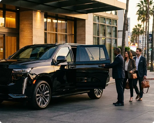 A chauffeur in a suit opens the rear door of a black luxury SUV for a professional couple walking toward the vehicle outside a modern building at sunset.