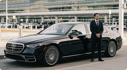 A chauffeur in a dark suit stands formally beside a black Mercedes-Benz S-Class sedan parked outside a modern airport or commercial terminal. The chauffeur is facing the right, looking off-camera. The background shows the glass and metal exterior of the building and the airport curb with parked cars.