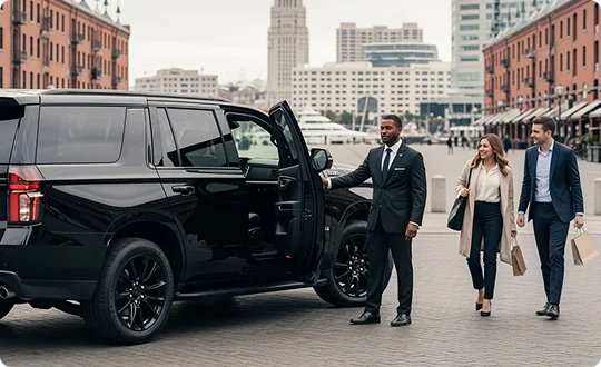 A chauffeur in a black suit holds the open door of a black Chevrolet Suburban SUV. A casually dressed business couple, carrying shopping bags, approaches the vehicle on a brick-paved city street lined with buildings and a waterfront or yacht harbor in the background.