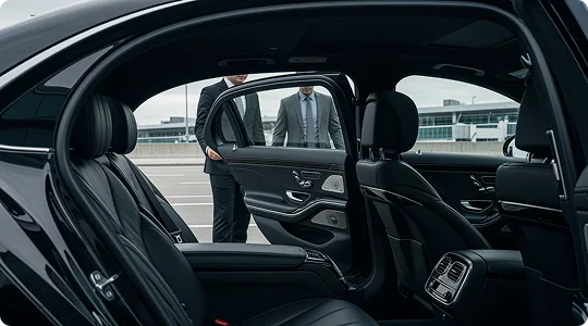 A view from inside a luxury black sedan showing the spacious black leather rear seating area with the back door open. Two men in suits are standing outside the open door, one of whom appears to be the chauffeur and the other a passenger.