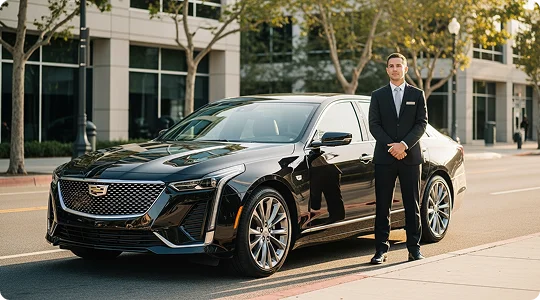 A professional chauffeur in a dark suit stands next to a shiny black Cadillac luxury sedan parked on a city street.
