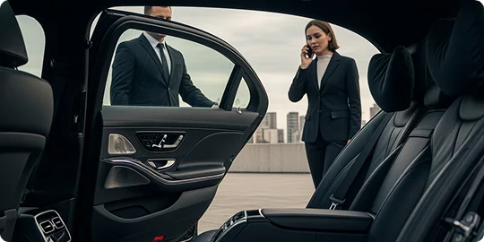 A close-up view from the inside of a luxury car's rear seat looking out at an open car door. A chauffeur is holding the door for a businesswoman in a black suit who is standing on a rooftop parking lot, talking on her mobile phone. City buildings are blurred in the distance.