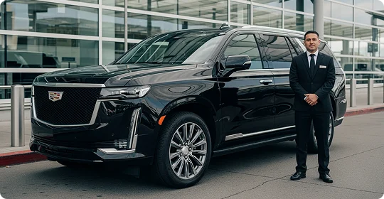 A chauffeur in a dark suit and tie stands to the right of a sleek, black Cadillac Escalade SUV parked outside a modern building with large glass windows.