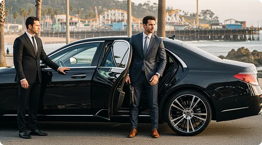 Two men in suits are standing next to a black luxury sedan (Mercedes-Benz S-Class). One man, the passenger, in a gray suit and tie, is stepping out of the back seat while carrying a brown leather satchel. The other man, the chauffeur, in a black suit and tie, is holding the door open. They are in a sunny, scenic location with roller coaster ride, palm trees and a waterfront visible in the background.