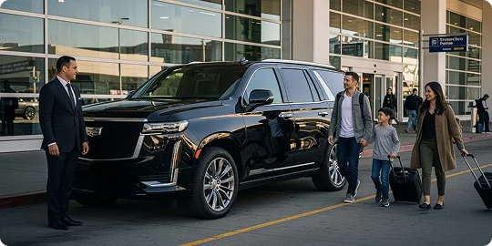 A chauffeur in a black suit stands by a black Cadillac Escalade SUV waiting outside an airport entrance. A family of three—a man, a woman, and a young boy—walk toward the vehicle pulling their luggage. An airport sign for San Francisco International Airport (SFO) is visible in the background.